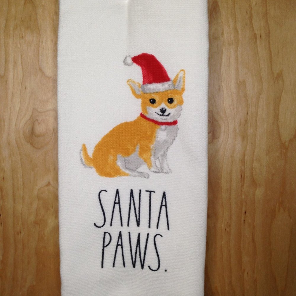 NWT (3) Rae Dunn Santa Paws Set of 3 Christmas Kitchen Towels. Dog theme. Corgi.